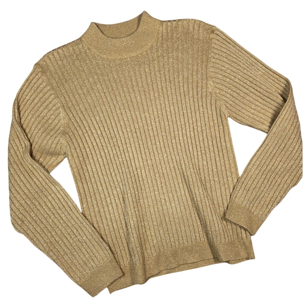 Vintage Ashley Hill Ribbed Mock Neck Gold Metallic Sweater Large Long Sleeve 90s